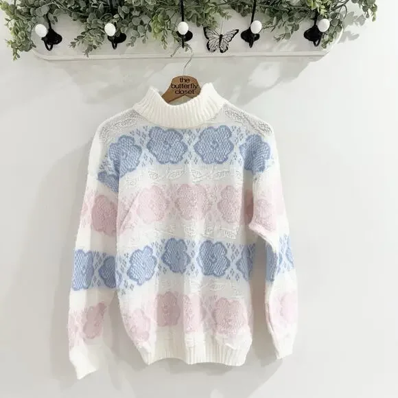 Vintage 80s/90s Pastel Floral Acrylic Mock Neck Sweater 1-650 cottagecore - Picture 1 of 4